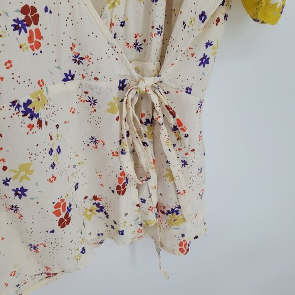 Meadow Rue womens 10 Anthro yellow white floral Bon Voyage wrap blouse boho - Picture 7 of 10